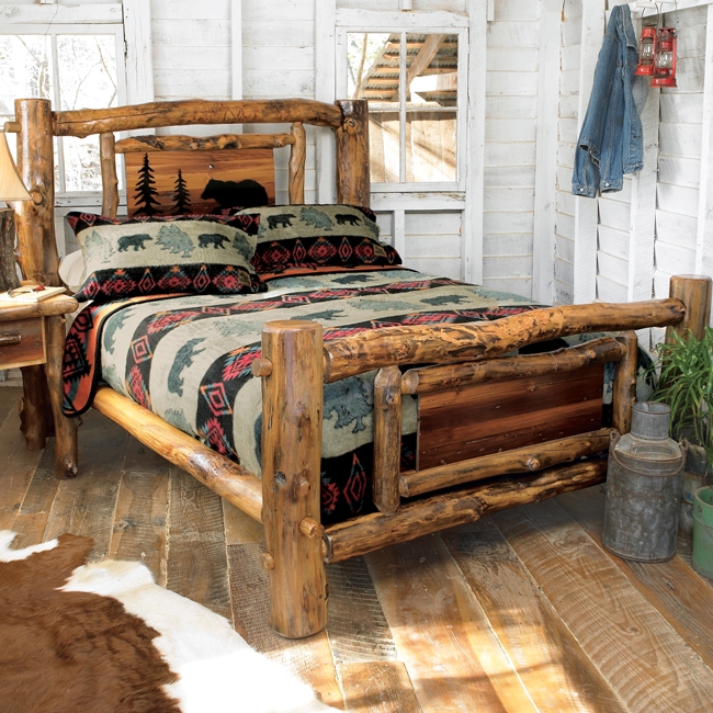 Log Bed with Bear Motif Cabin Art and Chunky Posts