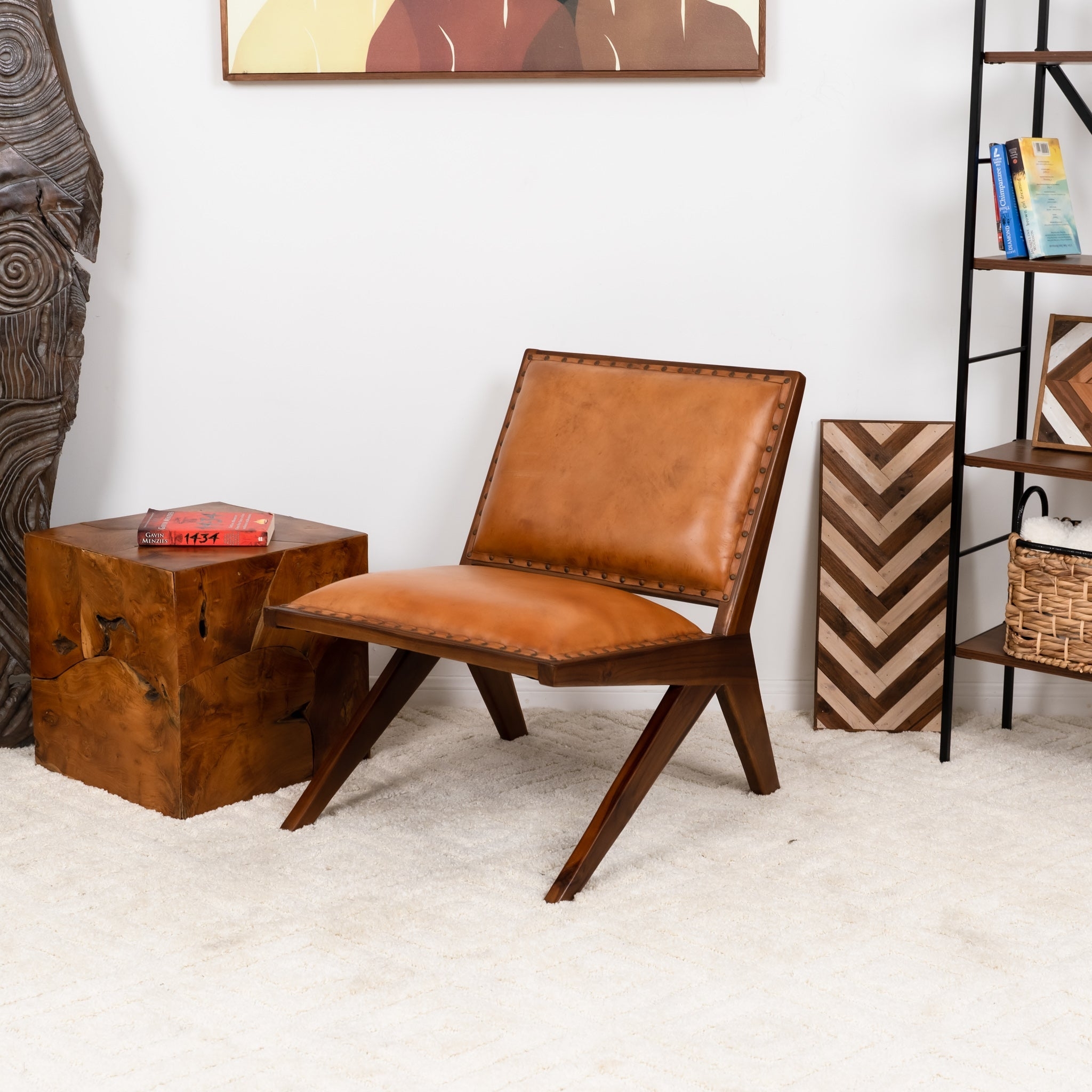 Lounge Chair Whip Stitch Trim antique tan leather seating