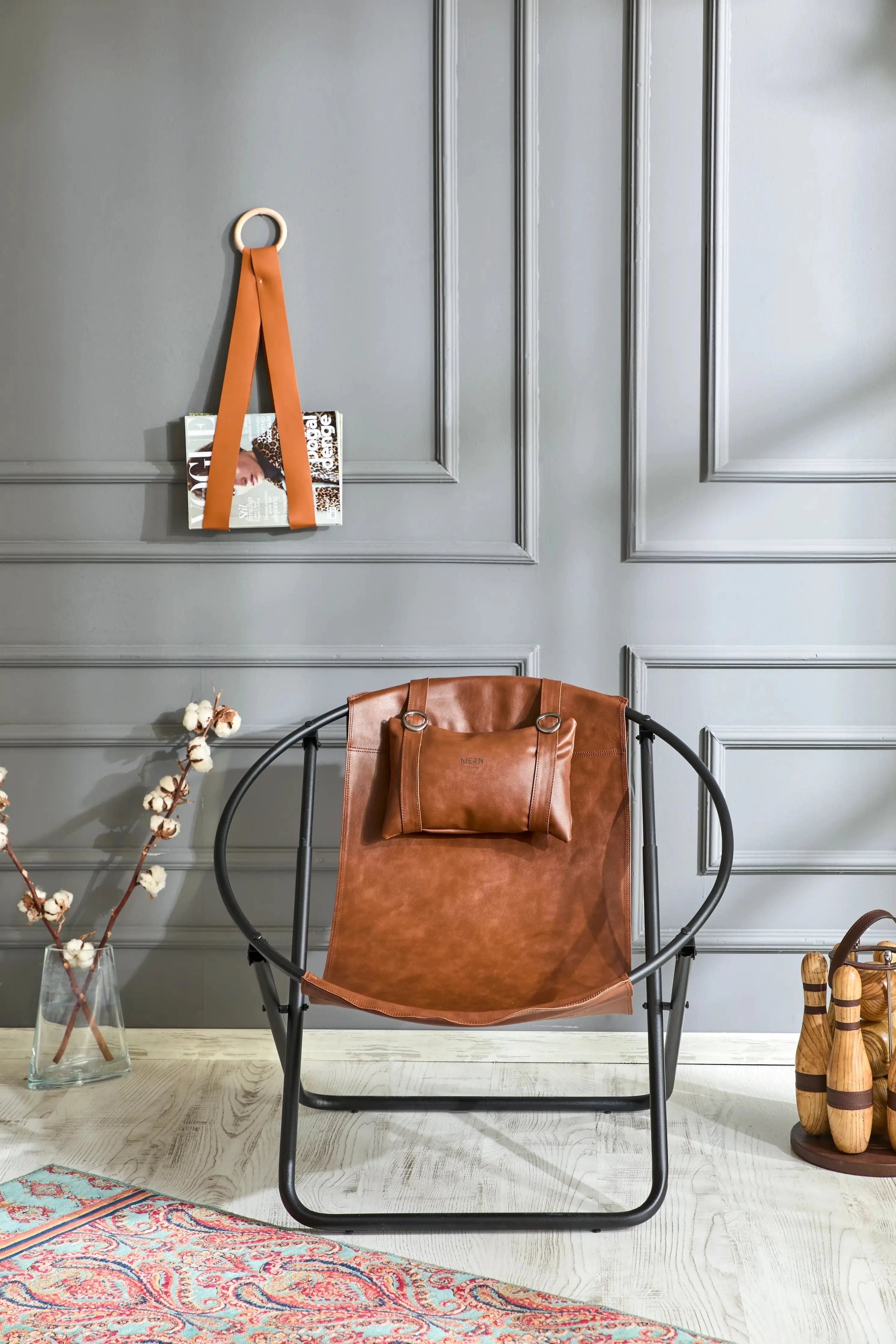Lounge Chair with Leather Sling Seat and Circular Frame