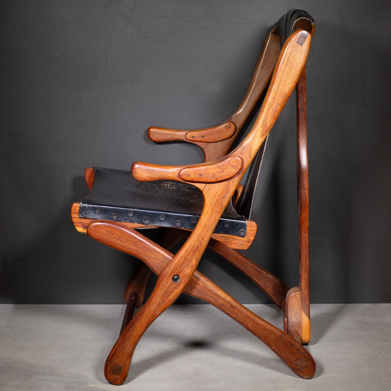Lounge Chair with Studded Leather Seat and Sculpted Wood