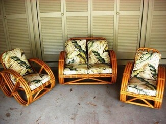 Lounge Set with Palm Leaf Print Tropical Rattan Sofa Set