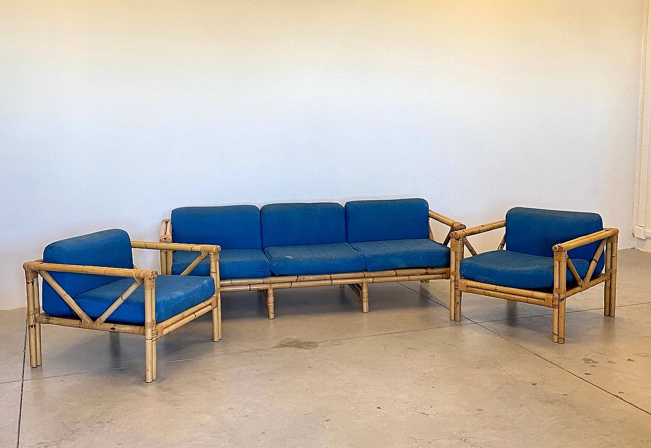 Lounge Set with X-Brace Sides and 1970s Bamboo Sofa Set