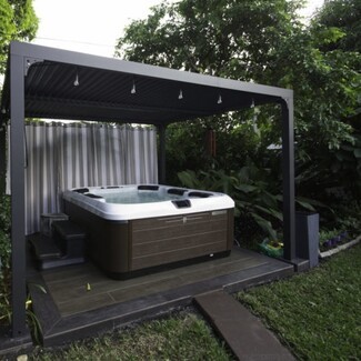 Louvered Pergola with Striped Privacy Curtain Backyard Enclosure