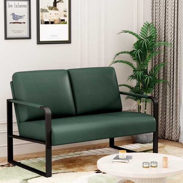 Loveseat Bench with Forest Green Upholstery and Slim Metal Sled Base