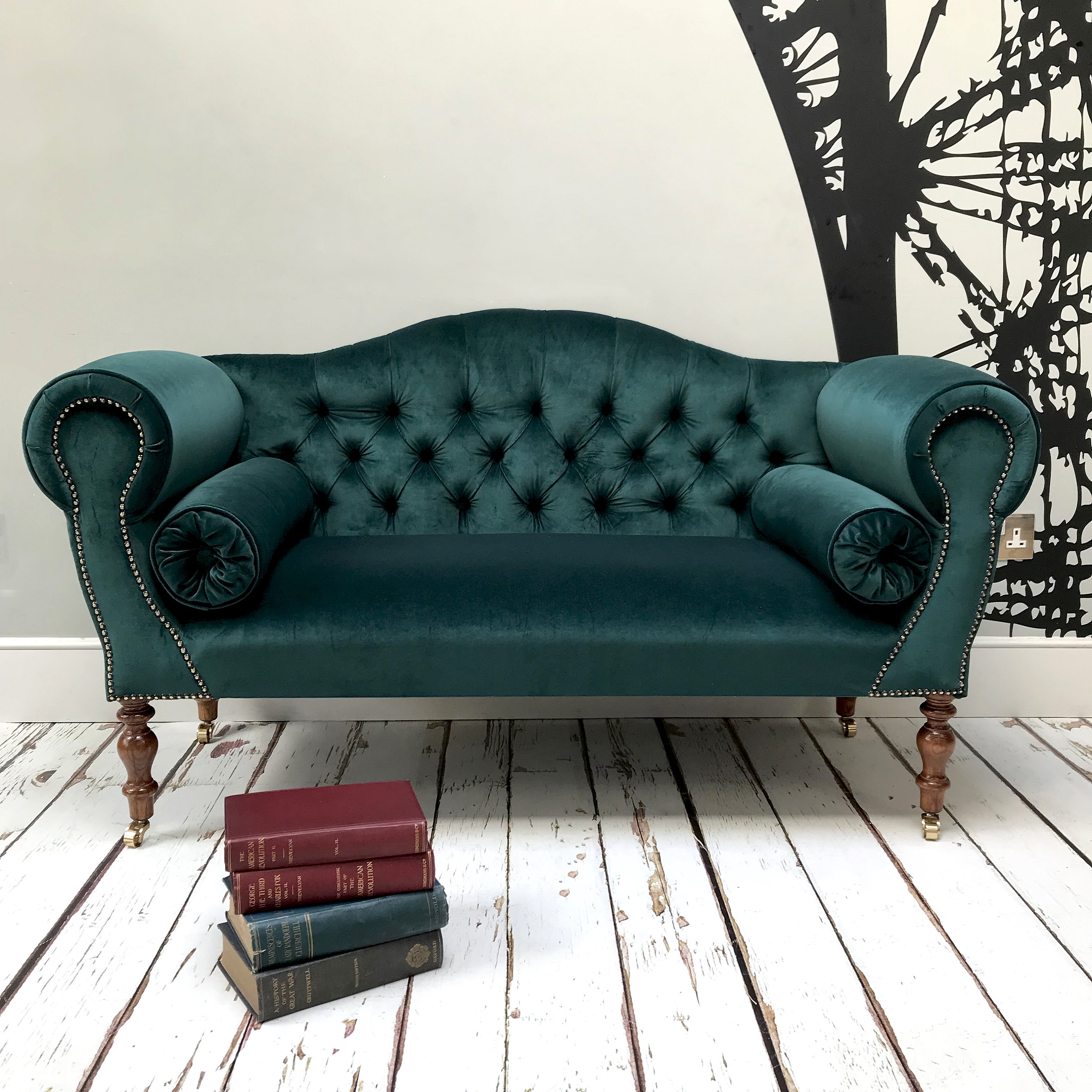 Loveseat Brass Casters Bolster Pillows Emerald Green
