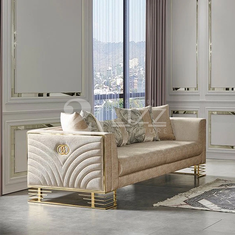 Loveseat Sofa: Champagne Beige Fan Stitched Arms and Gold Base