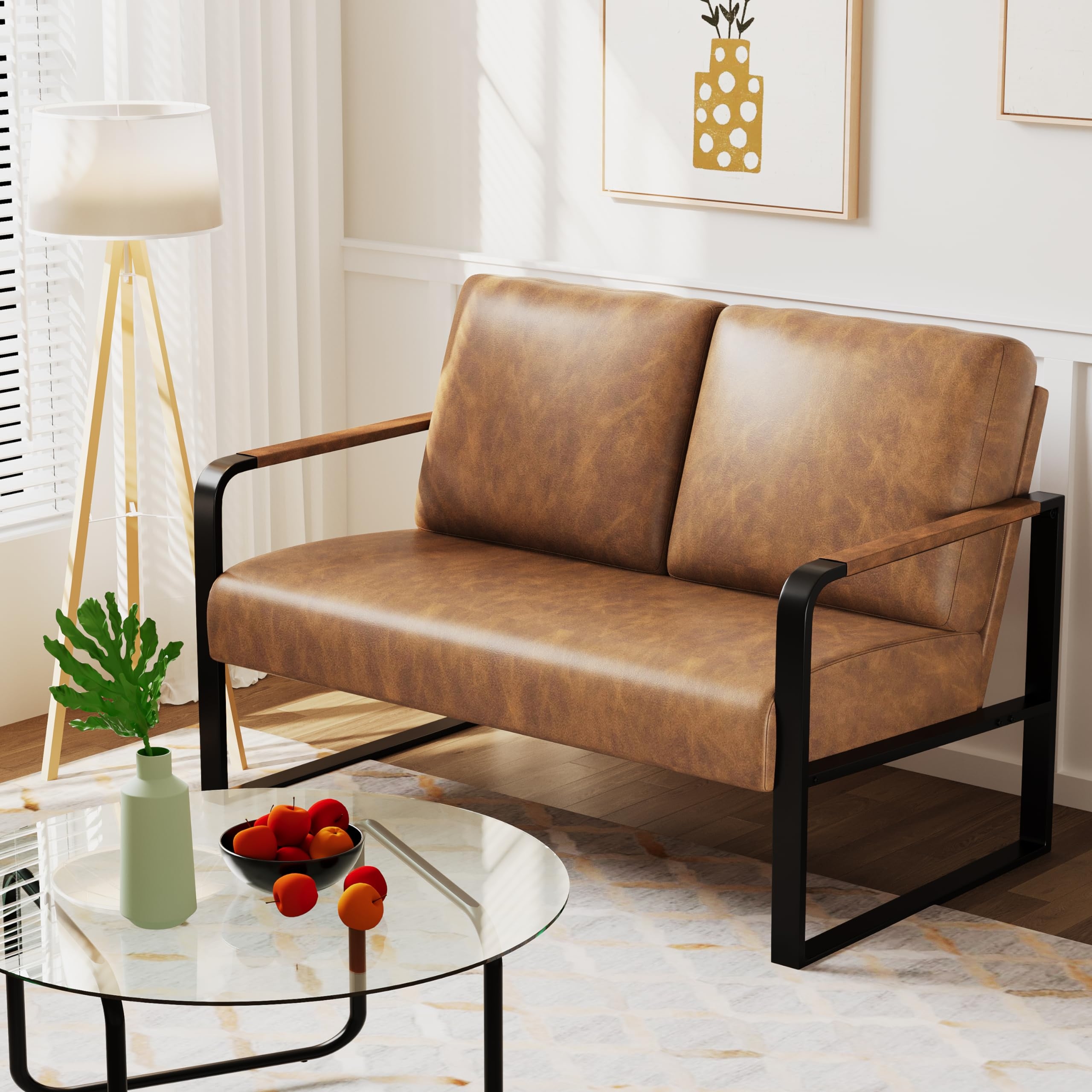 Loveseat Sofa with Metal Box Frame and Cognac Brown Wooden Armrests