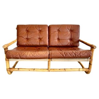 Loveseat with Cognac Leather Tufting: Tufted Leather Loveseat
