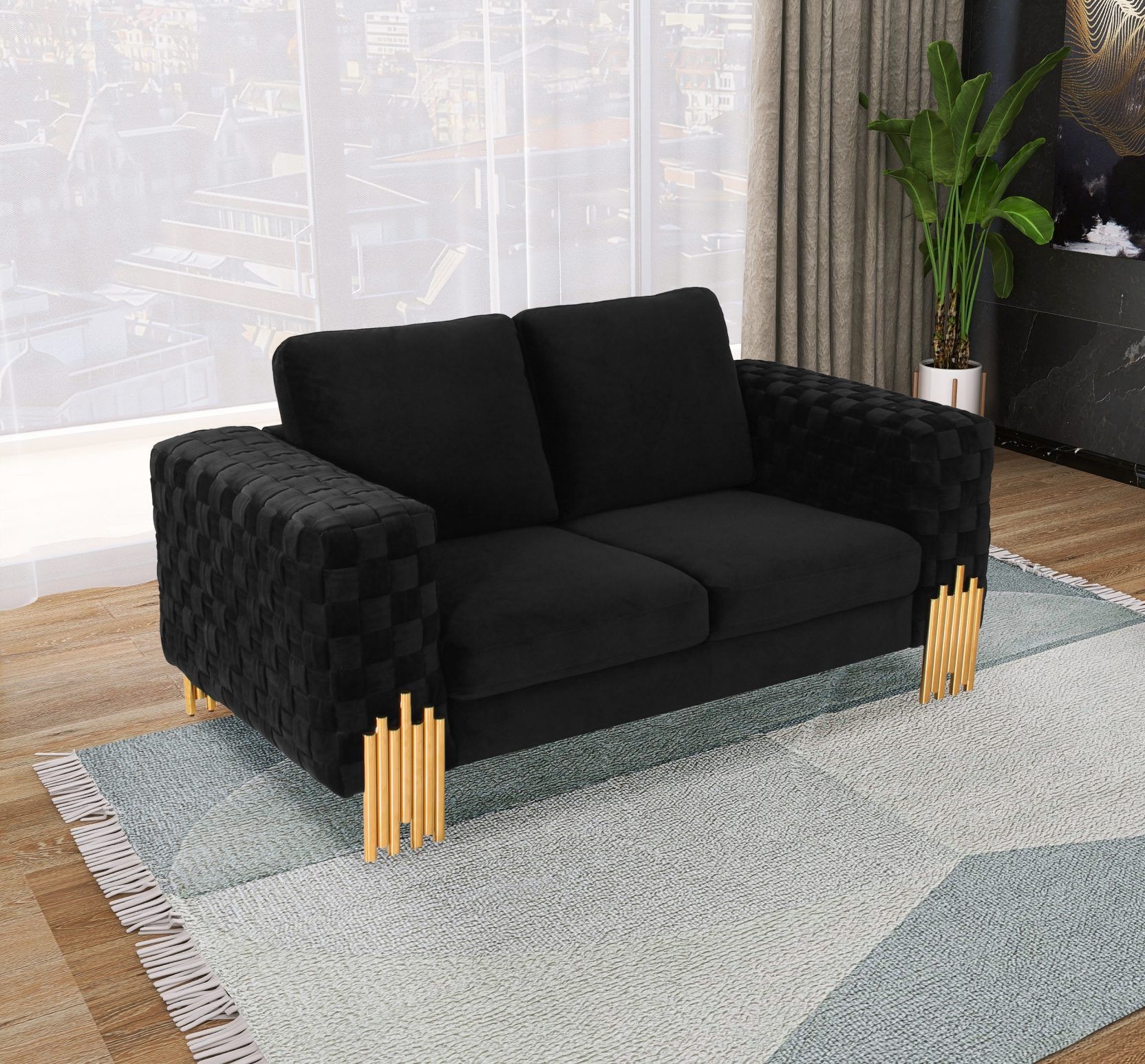 Loveseat Woven Texture Arms Staggered Metallic Legs Seating