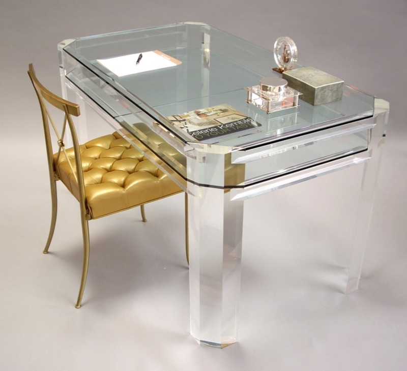 Lucite Desk with Beveled Legs and Gold Tufted Chair