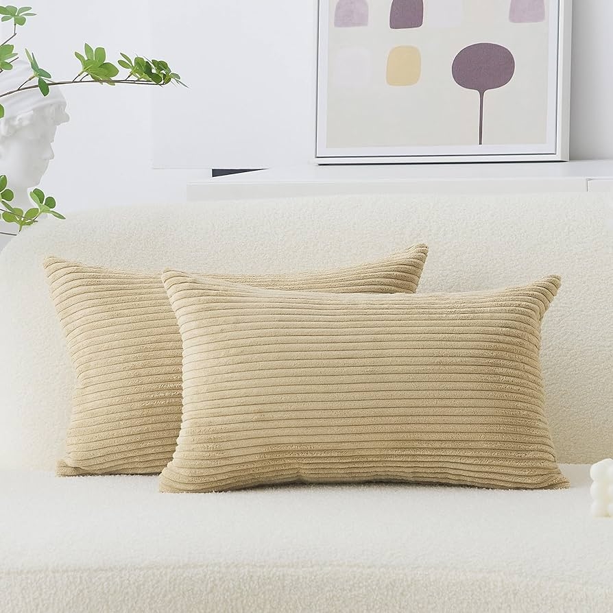 Lumbar Pillow: Taupe Gold Wide Ribbed Corduroy Accent