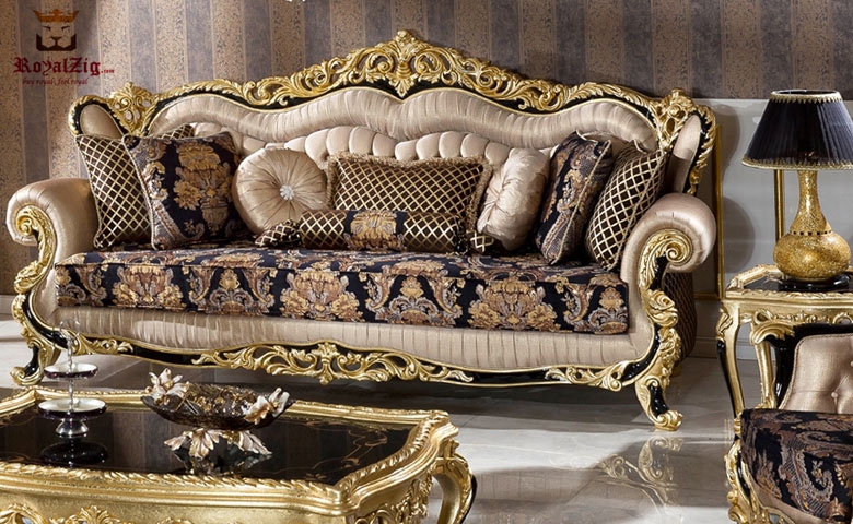 Luxury Sofa Hand Carved Scrollwork Pharaoh Black and Gold Sofa