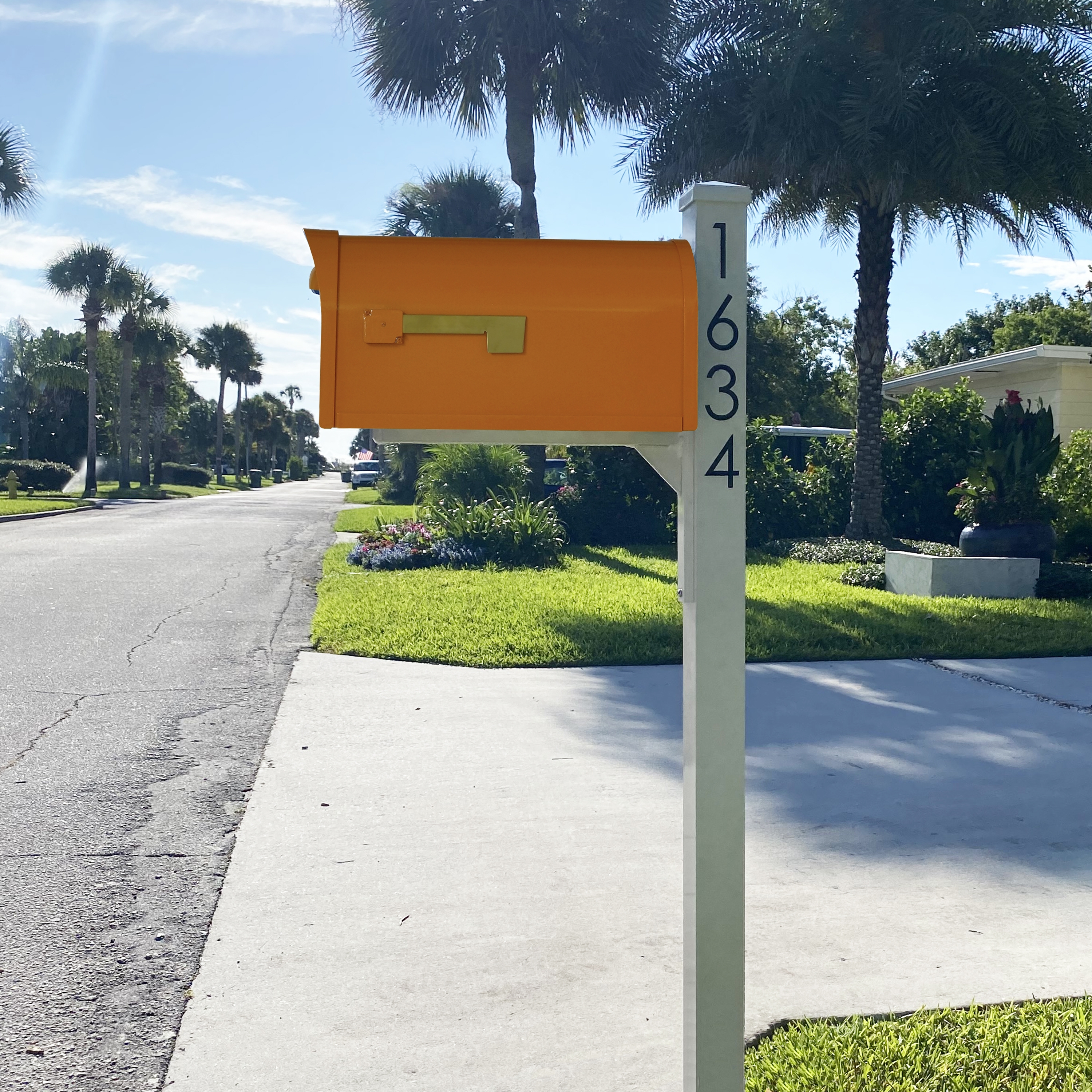 Mailbox And Post in Orange with Ivory Vertical Numbers