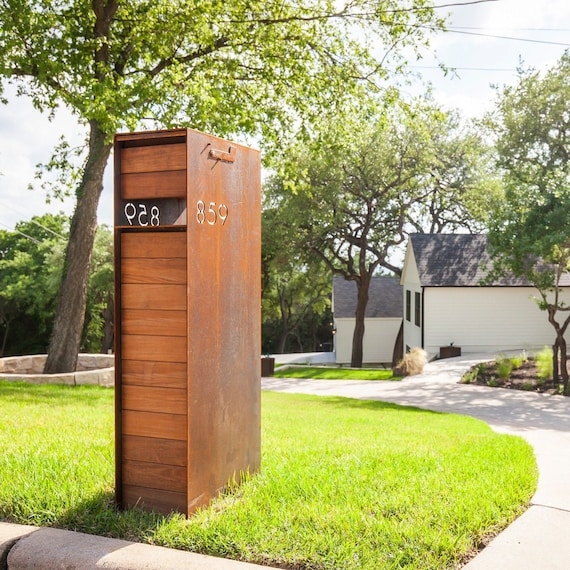 Mailbox Weathered Metal Tower Design with Wood Slat Pillar