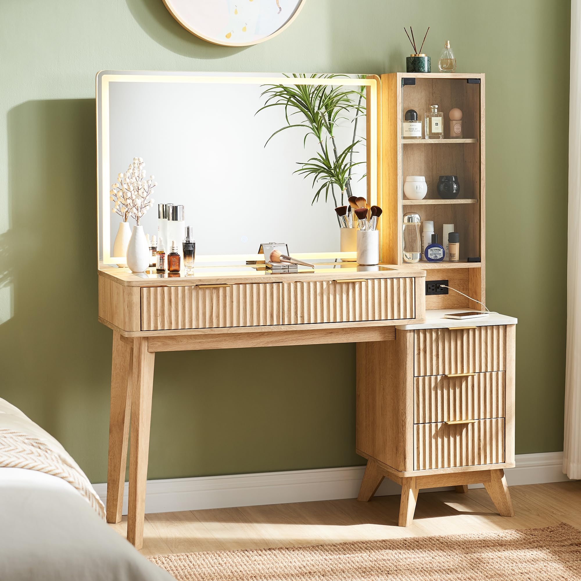Makeup Vanity: Light Oak Fluted Drawers with LED Mirror