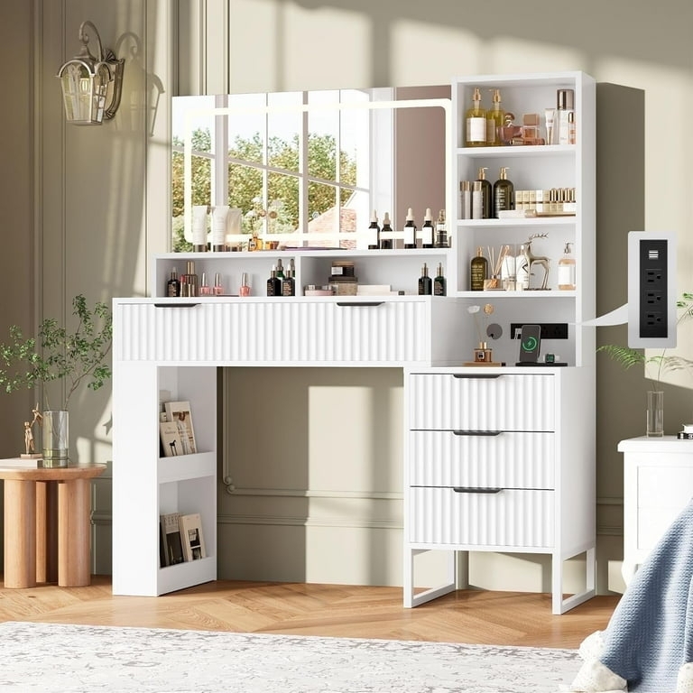Makeup Vanity: White Fluted Ripple Texture Storage Shelves