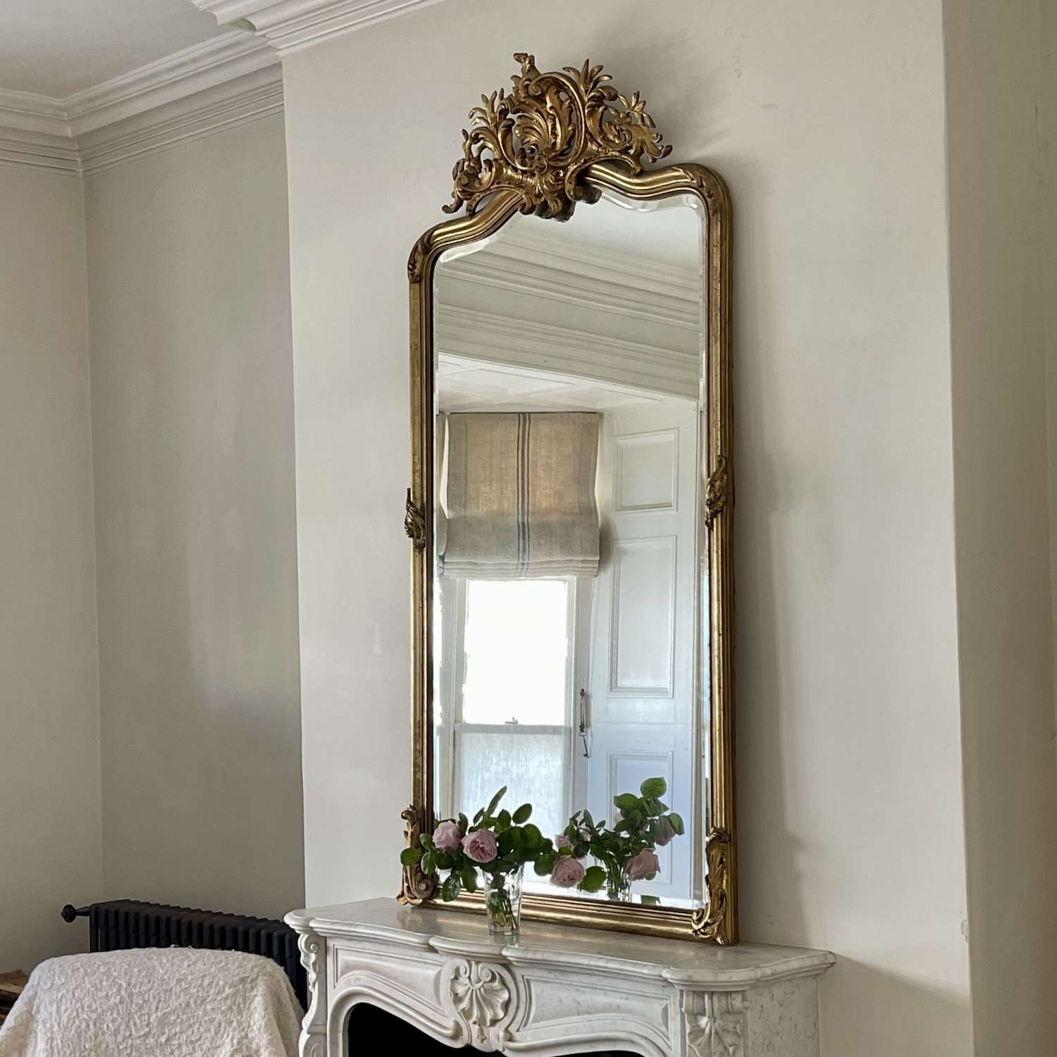 Mantel Mirror Elaborate Cresting Beveled Glass Louis XV Style