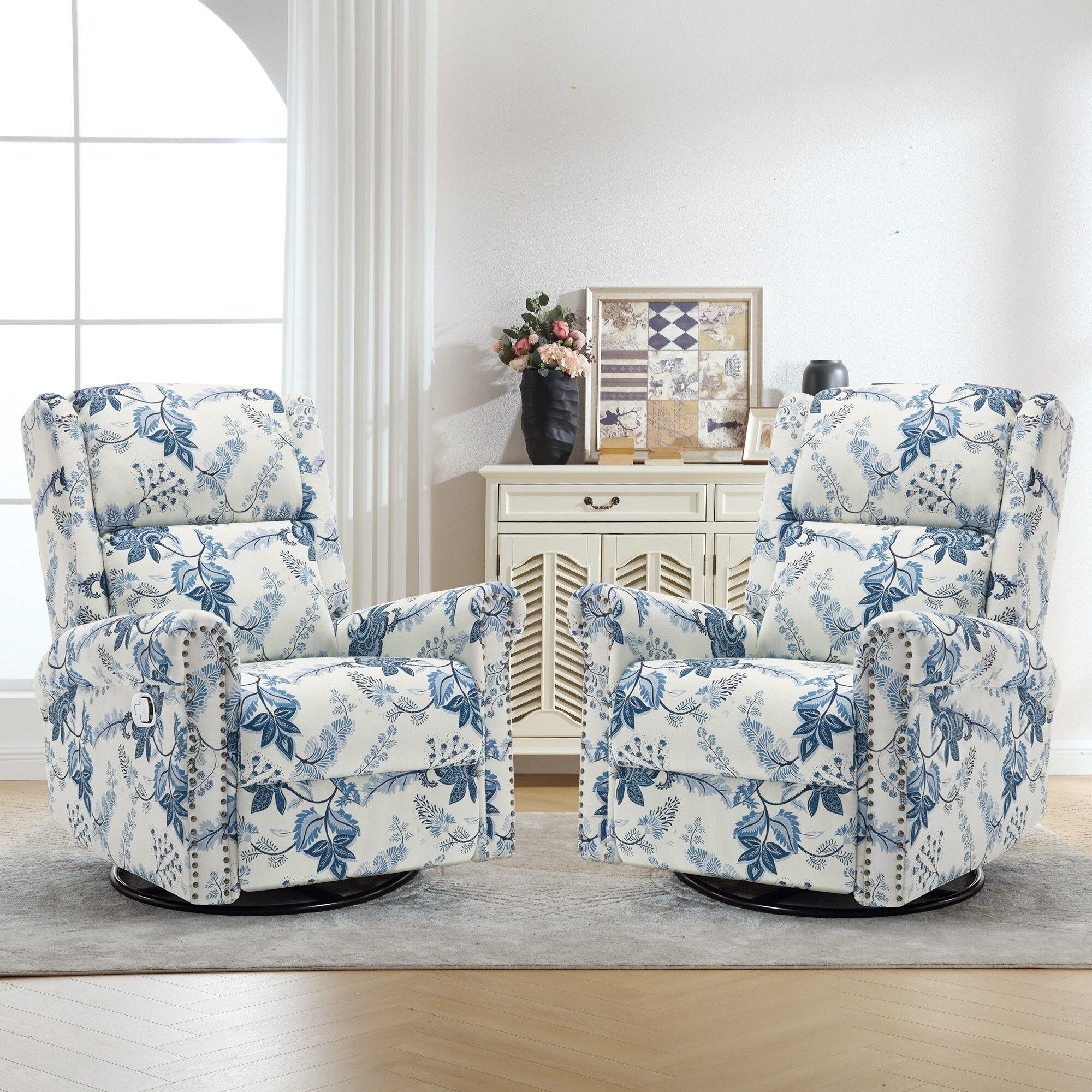 Manual Recliner Chair Nailhead Trim Swivel Coastal Floral Recliner Set