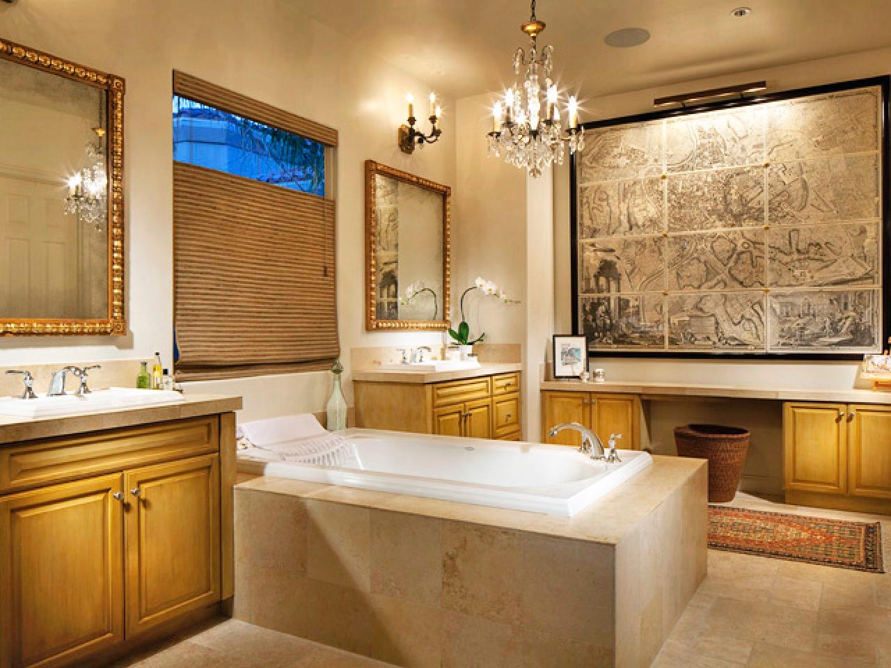 Master Bathroom Chandelier with Vintage Map Mural Artwork