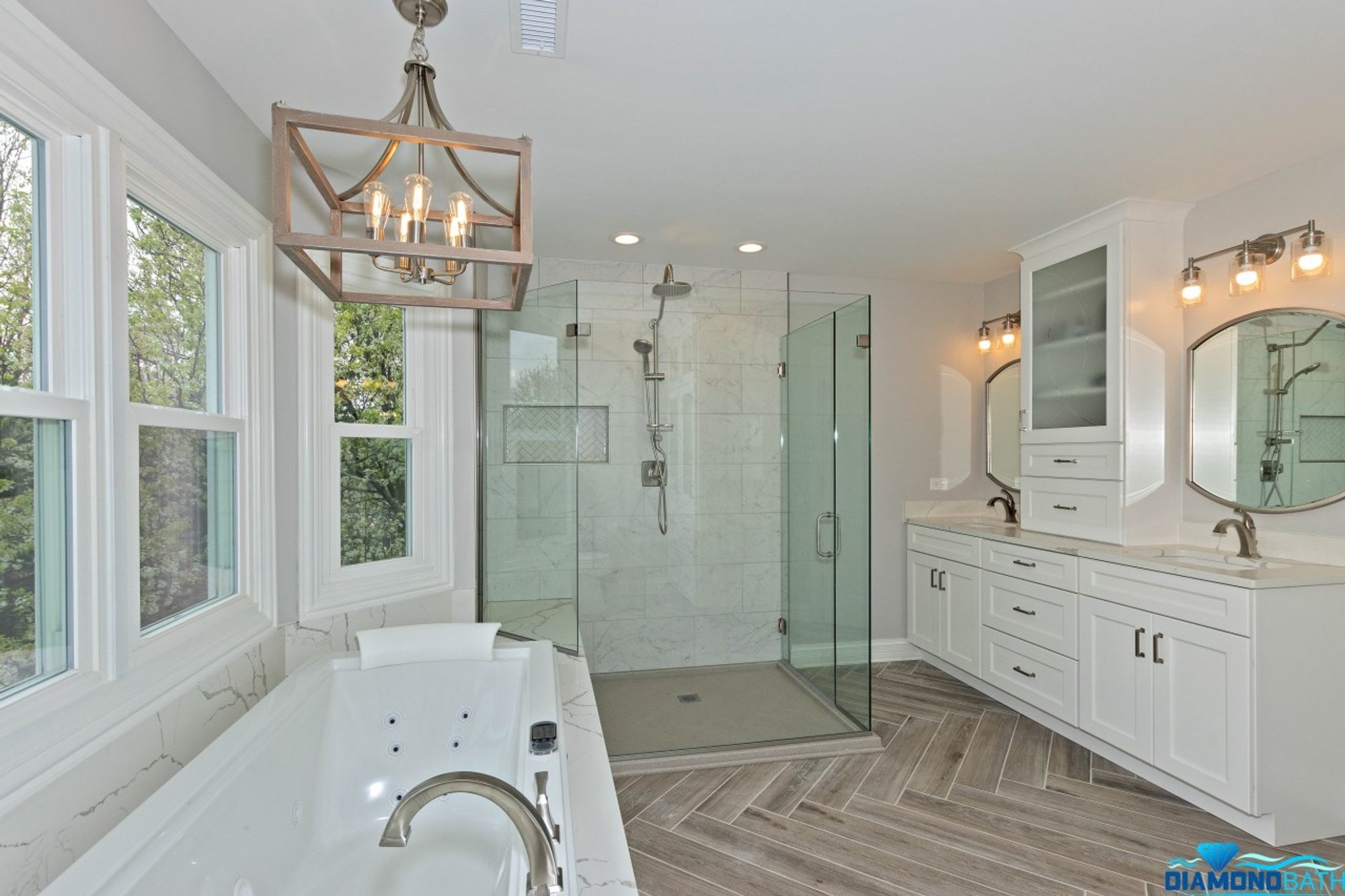 Master Bathroom Herringbone Tile Floor Lantern Pendant