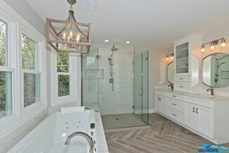 Master Bathroom Herringbone Tile Floor Lantern Pendant