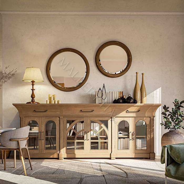 Media Console Arched Windowpane Doors Honey Oak Sideboard