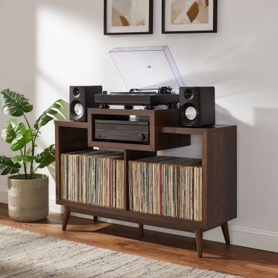 Media Console: Asymmetric Shelving Tapered Leg Media Unit