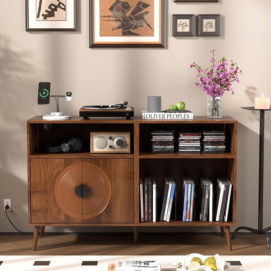 Media Console: Concentric Circle Door Walnut Vinyl Cabinet