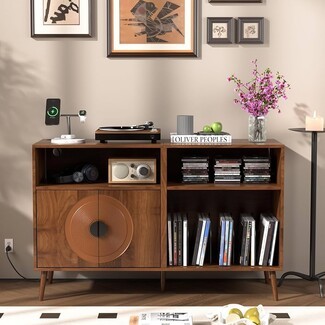 Media Console: Concentric Circle Door Walnut Vinyl Cabinet