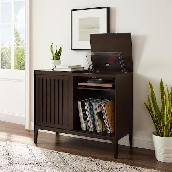 Media Console: Flip-top Turntable Stand Sliding Slatted Door