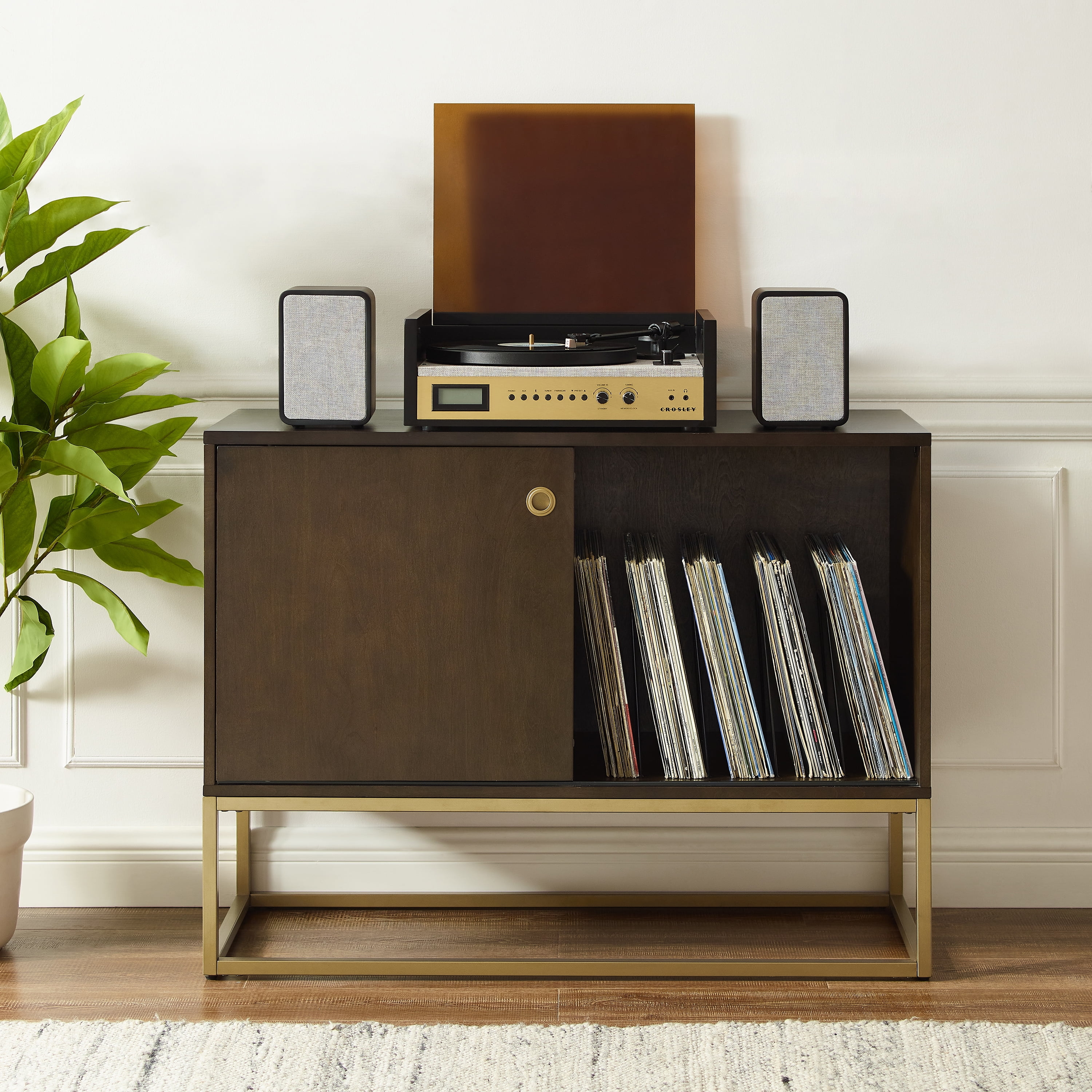 Media Console: Gold Metal Base Media Unit and Record Slots