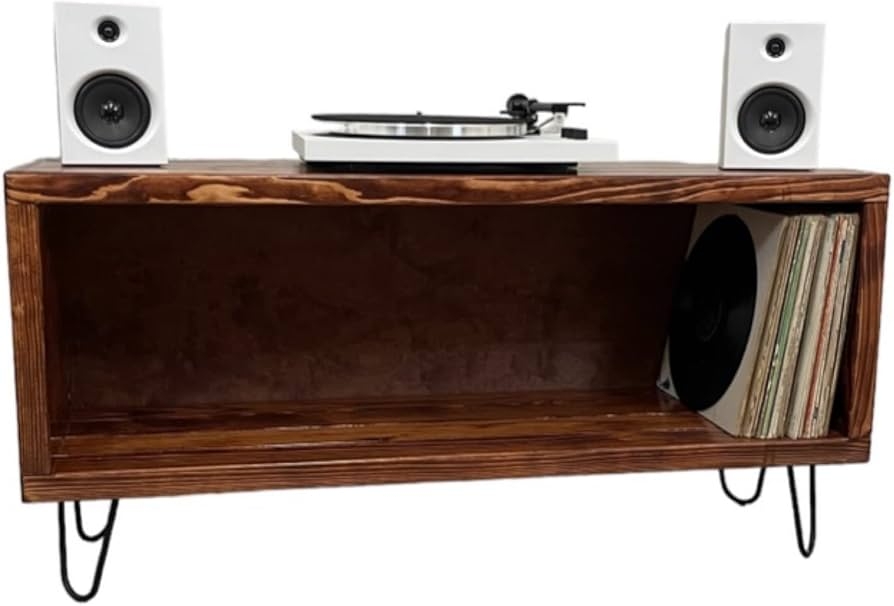 Media Console: Hairpin Leg Record Stand in Honey Brown