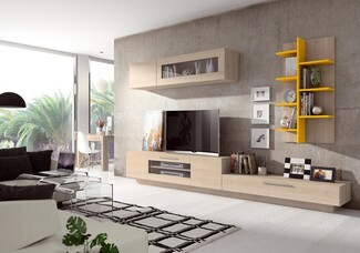 Media Console Set: Floating Wood Console Mustard Yellow Accents