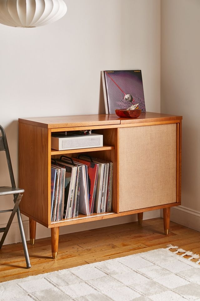 Media Console: Sliding Woven Door Boho Listening Nook Furniture