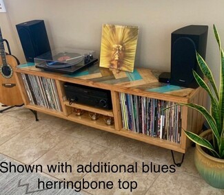 Media Console: Teal Blue Inlay Herringbone Record Player Stand