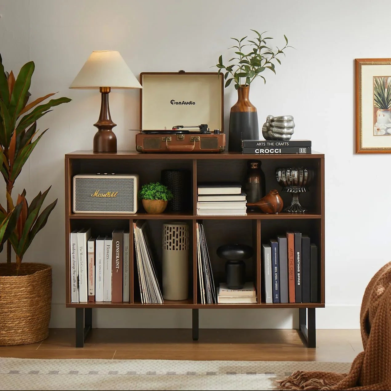 Media Console: U-shaped Metal Legs 6 Compartment Media Stand