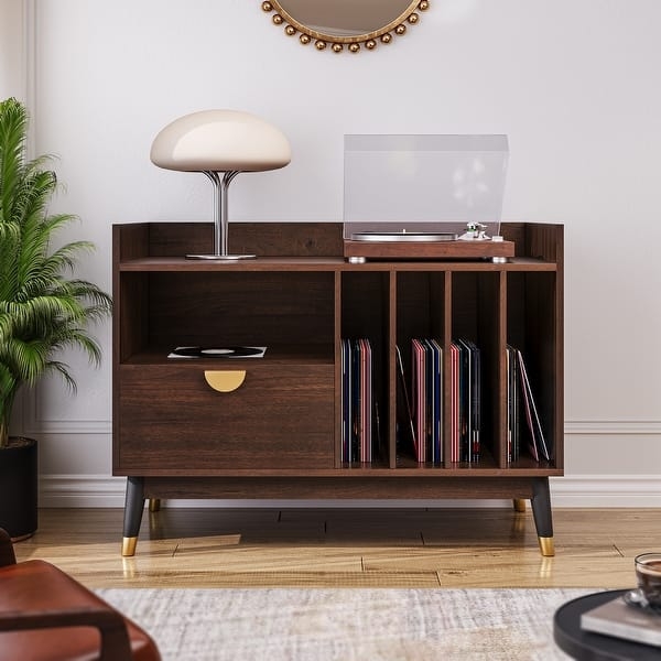 Media Console: Walnut Media Console Gold Accents & Dividers