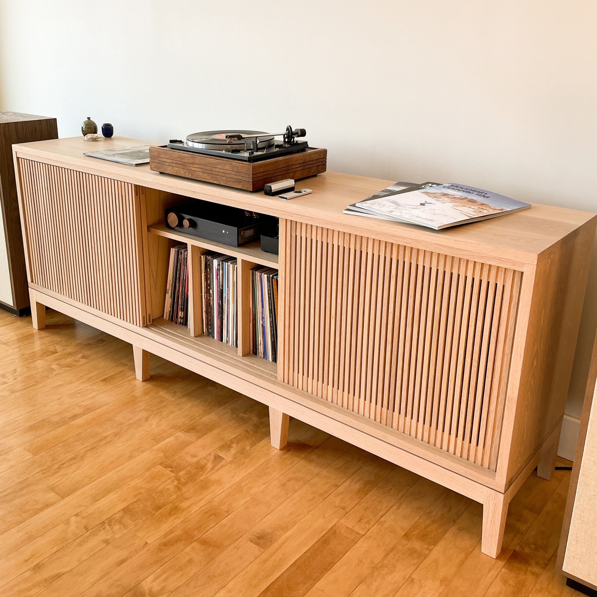 Media Console: White Oak Record Console with Slatted Doors