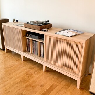 Media Console: White Oak Record Console with Slatted Doors