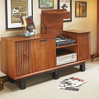 Media Console with Hinged Lid and Slatted Wood Audio Console