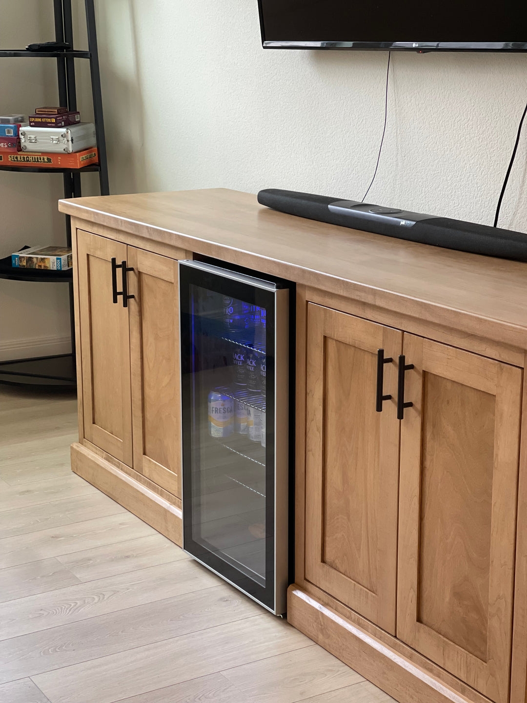 Media Credenza: Honey Brown Console with Integrated Mini Fridge