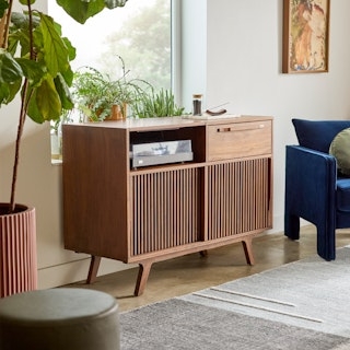 Media Unit: Walnut Vinyl Media Unit with Vertical Slats
