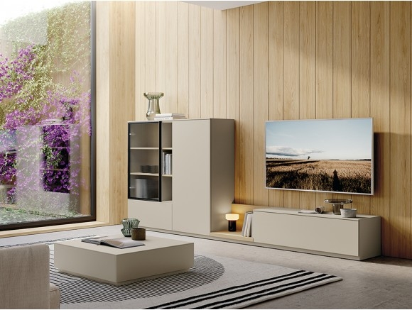 Media Wall Unit: Glass Vitrine Vertical Slat Wall Storage
