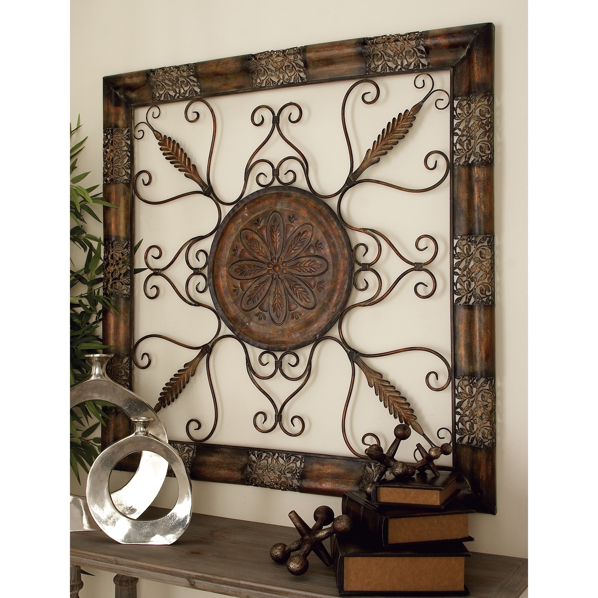 Metal Wall Plaque Rustic Square Floral Medallion Decor