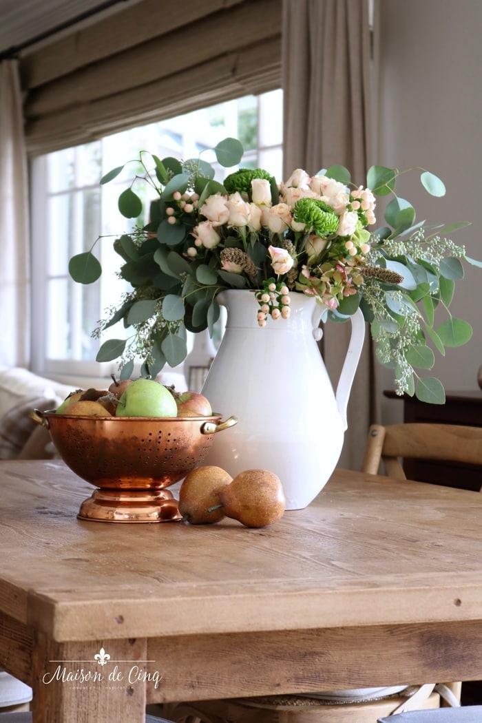 Metallic Colander Perforated Bowl White Pitcher Arrangement