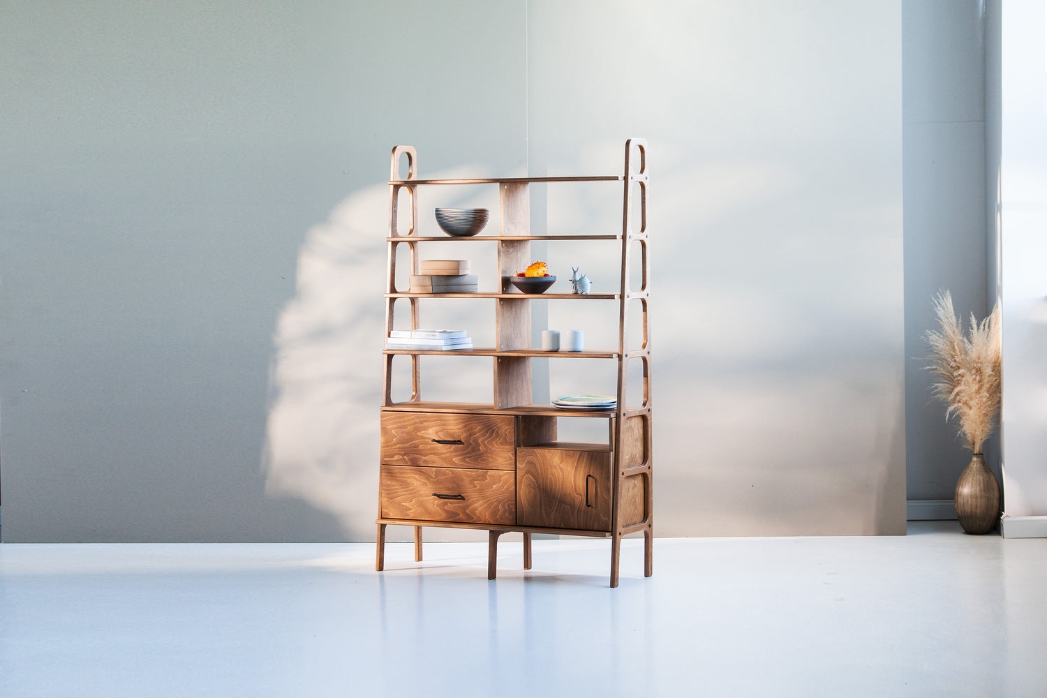 Mid-Century Bookcase Cutout Sides Tapered Leg Bookshelf