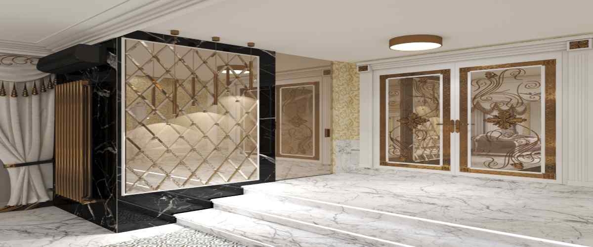 Mirror Wall Panel: Black Marble Cladding Gold Foyer Design