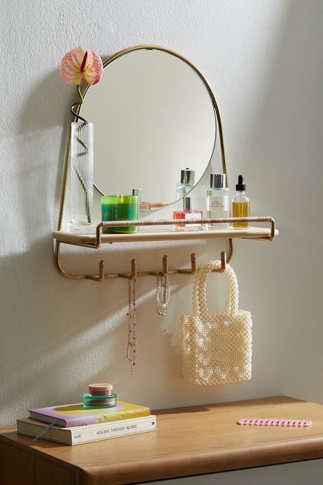 Mirror Wall Shelf: Rattan Wrapped Hooks, Circular Mirror