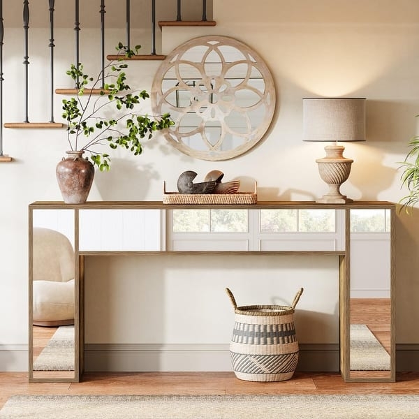 Mirrored Console Table featuring Wood Frame and Open Base