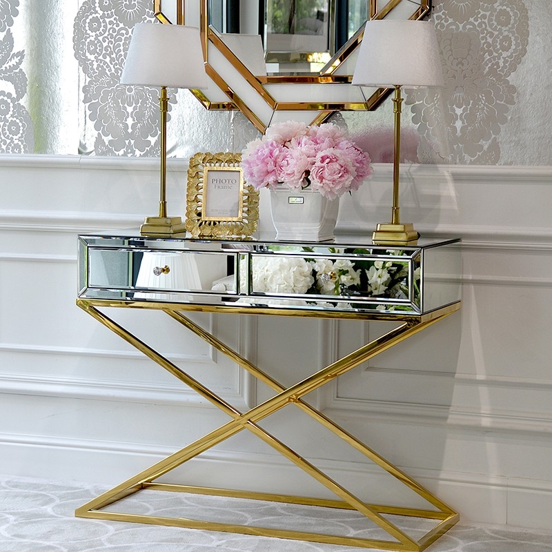 Mirrored Console Table with Gold X-Frame and Drawers